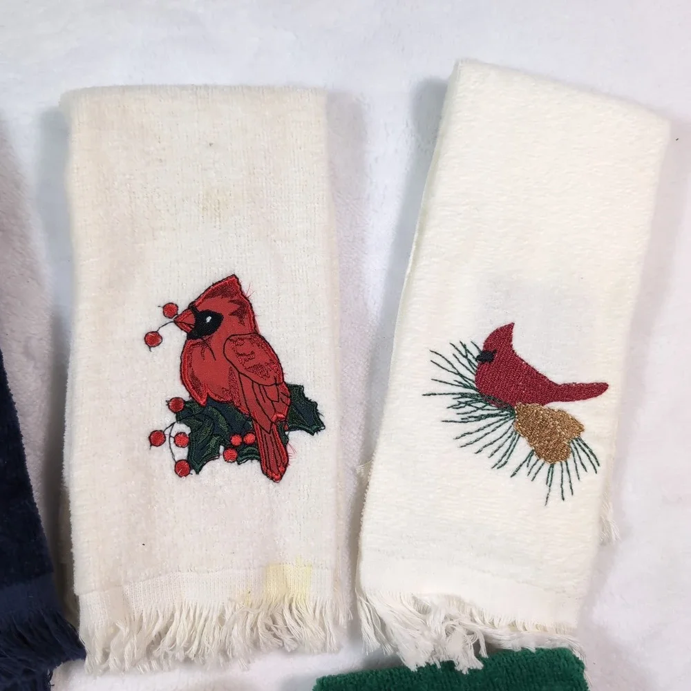 9 Vintage Christmas Hand‎ Towels Fringed Cardinal Dove Embroidered Lot Fingertip